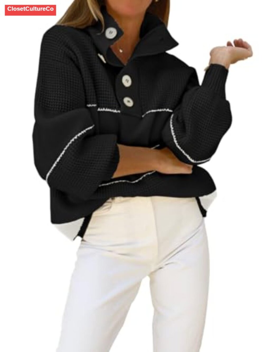 Waffle Knit Slouchy Polo Collared Pullover Sweater Oversized